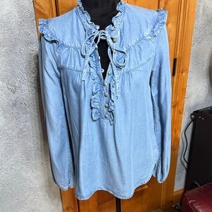 Maeve by Anthropologie Light Blue Denim Ruffle Top